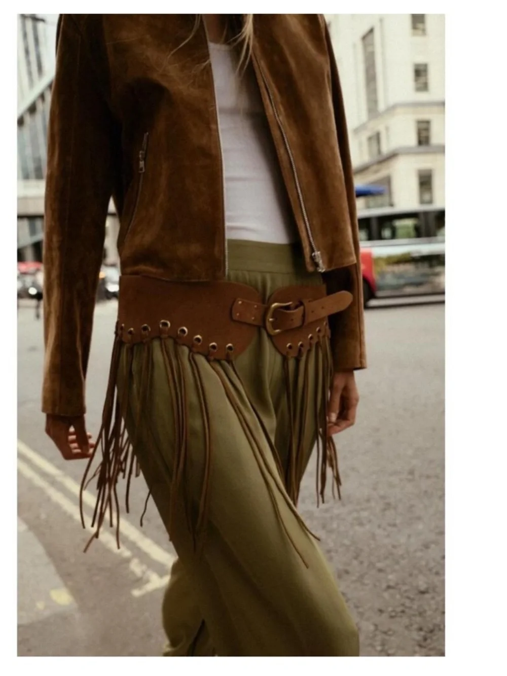 NWT Zara Brown Leather Fringe Cummerbund Belt Buckle Boho Festival Cowgirl Chic - Picture 3 of 10